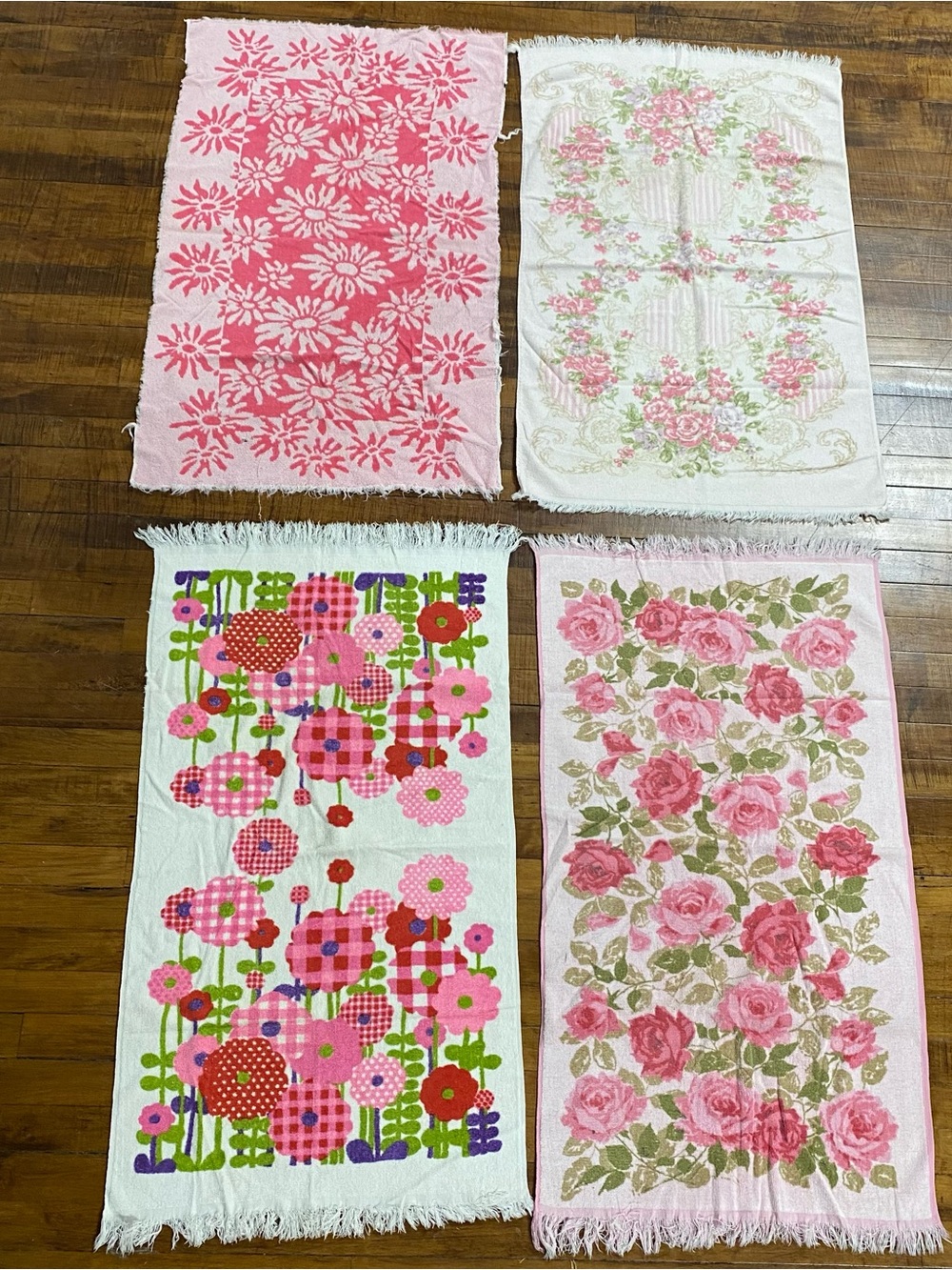 Set of 4 Mismatched Vintage Pink Floral Bath Towels 38” x 22” each